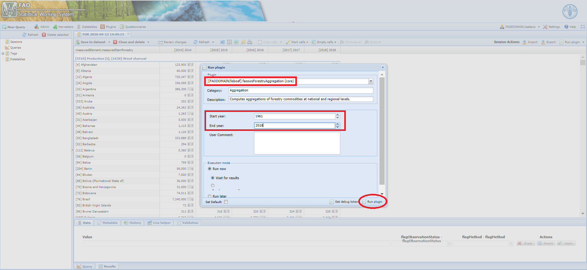 Select the faoswsForestryAggregation plugin and run it