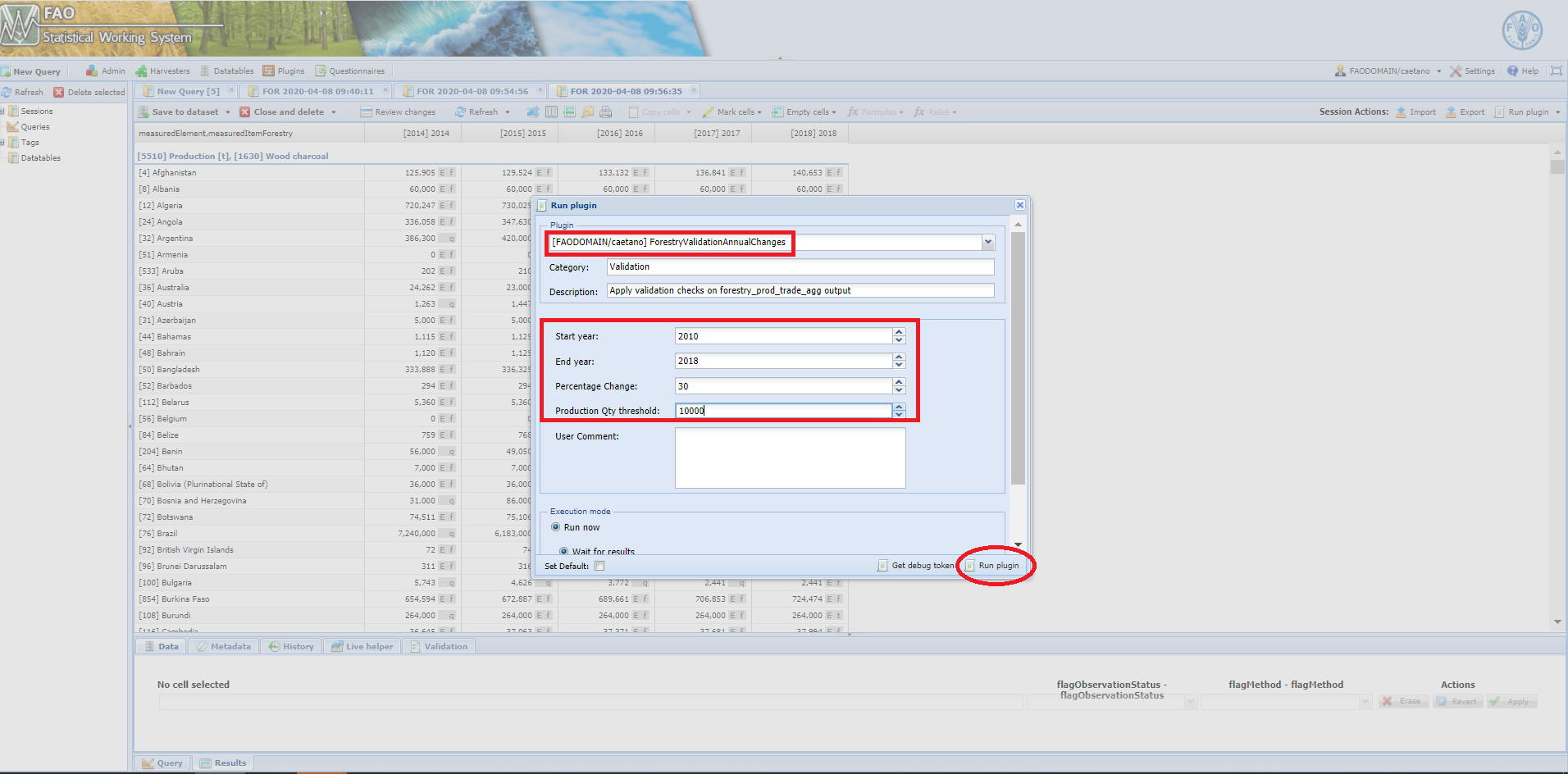 Select the ForestryValidationAnnualChanges plugin and run it