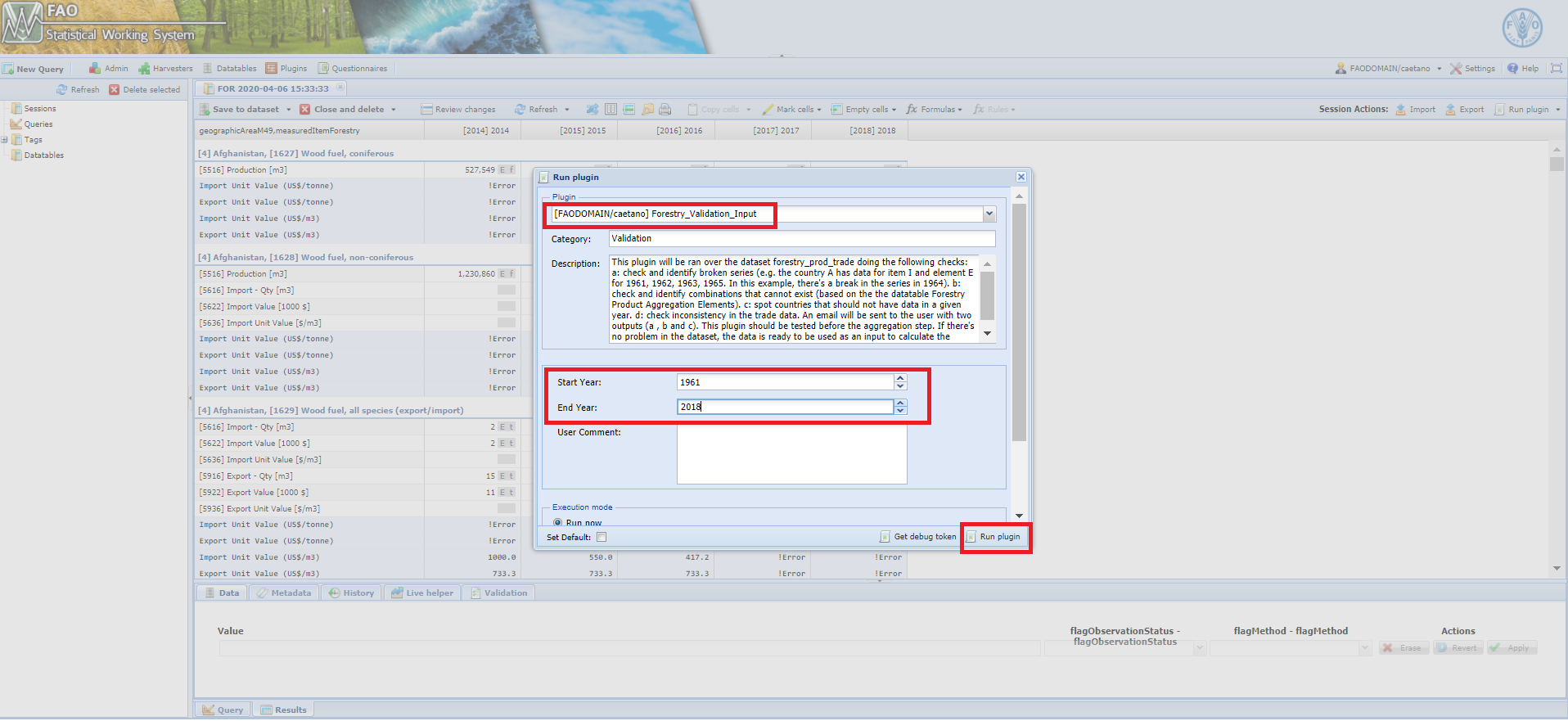 Select the Forestry_Validation_Input plugin and run it