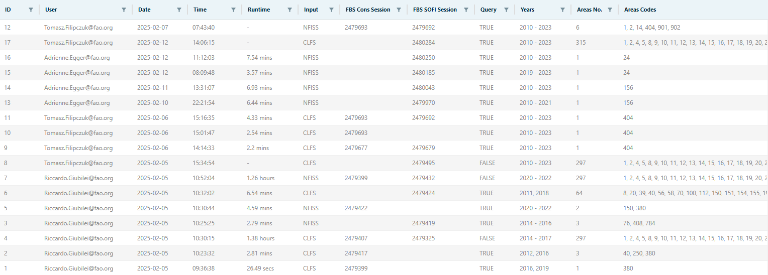 Figure 2.5. Datatable providing detailed information on all the runs of the fbs_consolidation plugin.