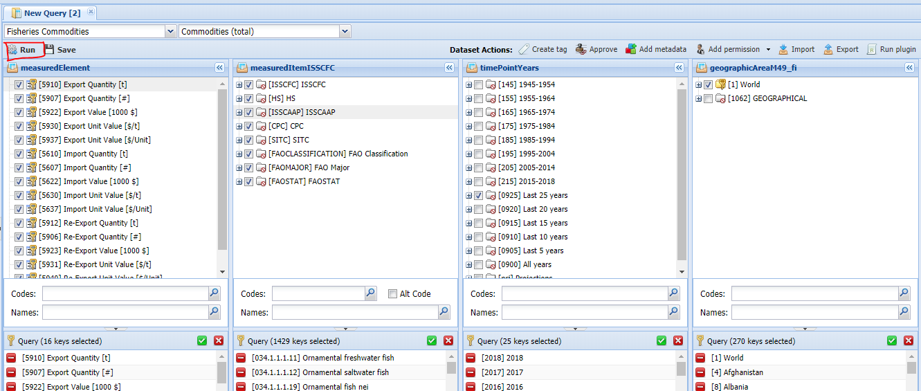  Commodity dataset query. Choosing dataset and dimensions